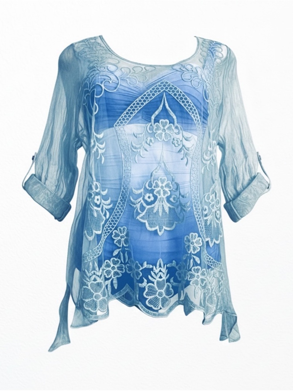 Embroidered Sheer Chiffon Silk Hi/Low hem Top Blue SZ S Ivy and Lace Italy